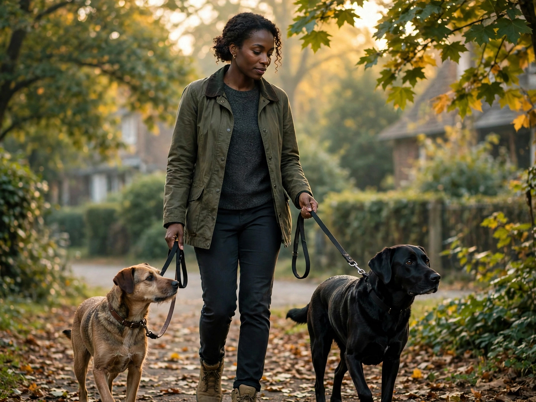 A dog walker takes two relaxed dogs along a leafy neighborhood sidewalk.