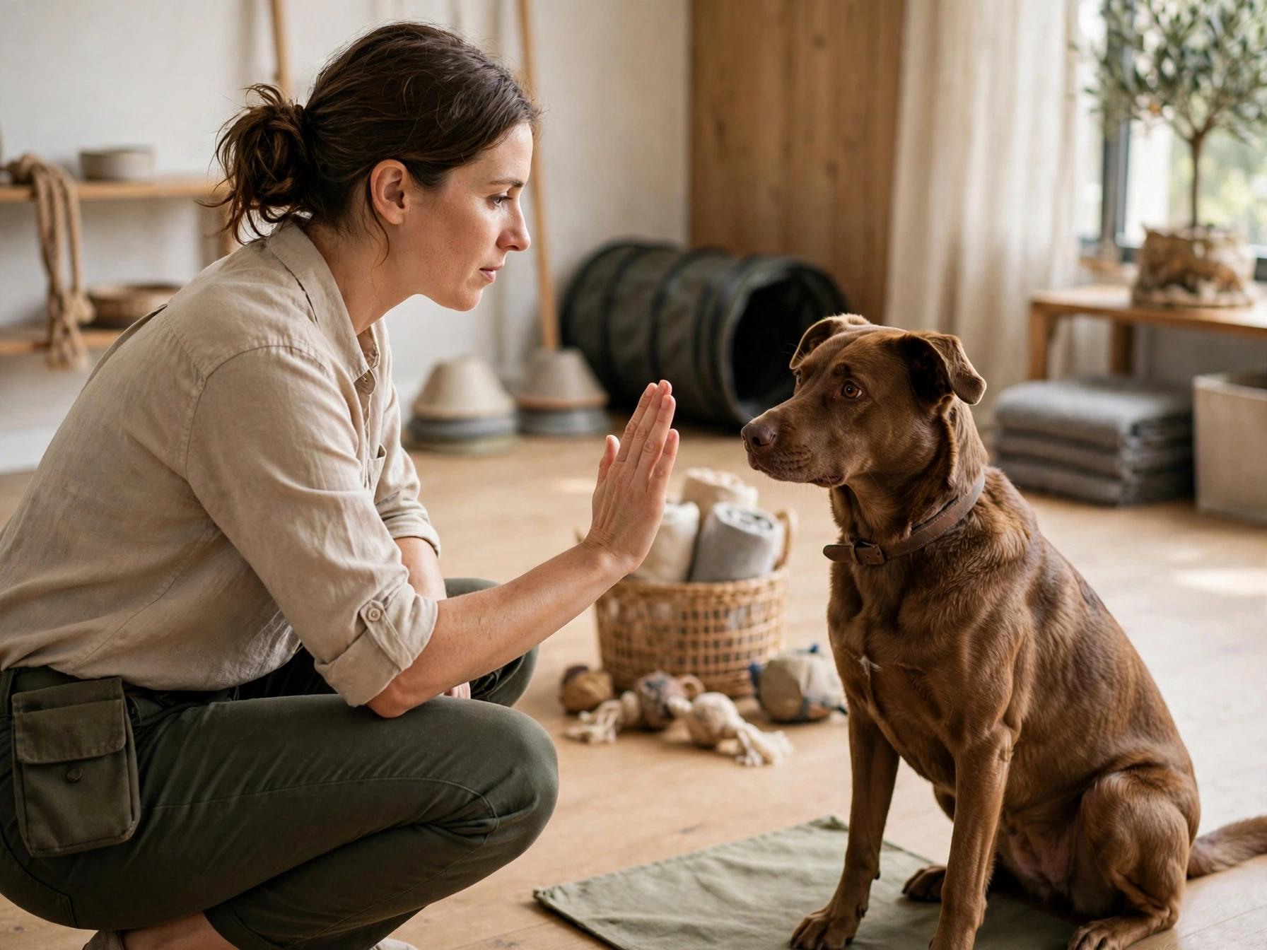 A trainer works at eye level with a brown dog in a quiet training studio.