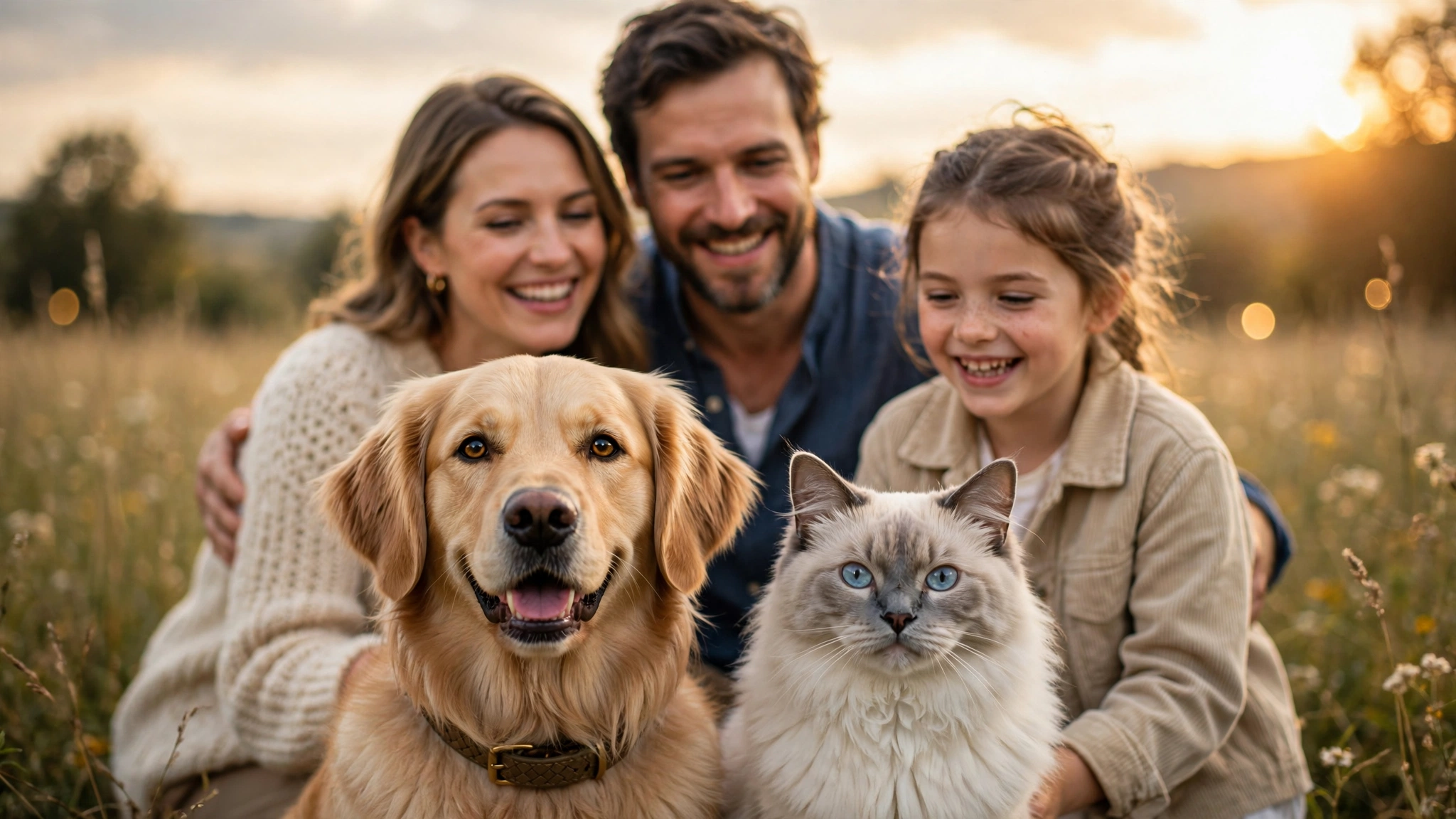 A pet family — a mother, a father, and their young daughter — sharing a golden-hour moment in a meadow with their golden retriever and cat