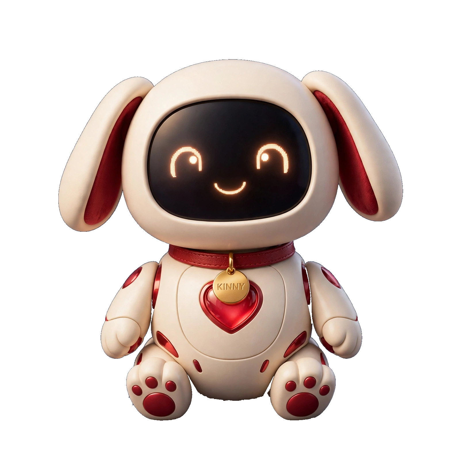 Kinny, a cream robot dog with a ruby collar, glowing ruby heart, and gold KINNY tag.