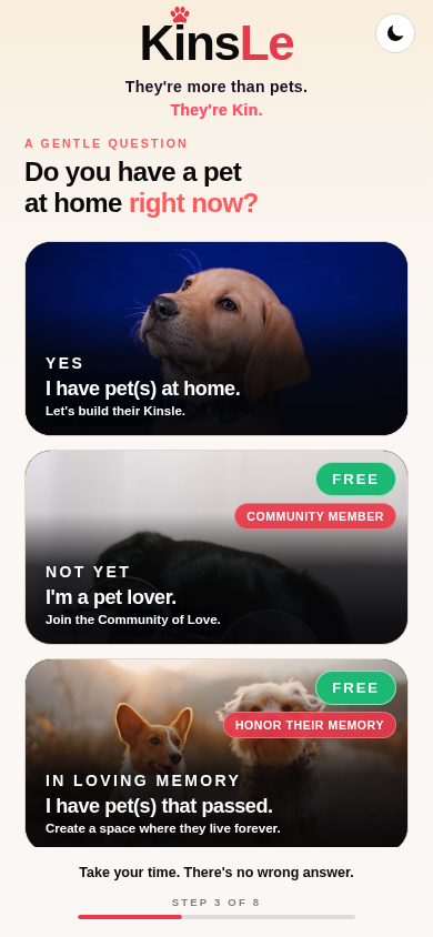 KinsLe onboarding choices — a pet at home, a pet lover, or in loving memory