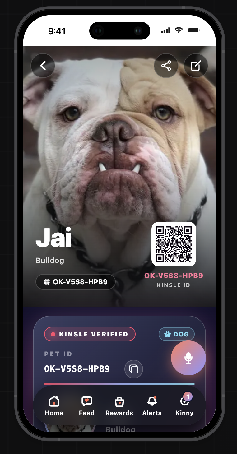 KinsLe verified pet profile screen for Jai the Bulldog, with QR identity