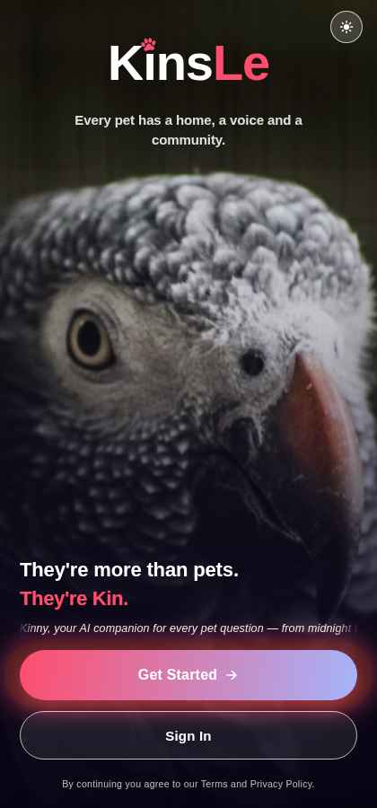 Authentic KinsLe Kinny welcome screen featuring a close-up parrot