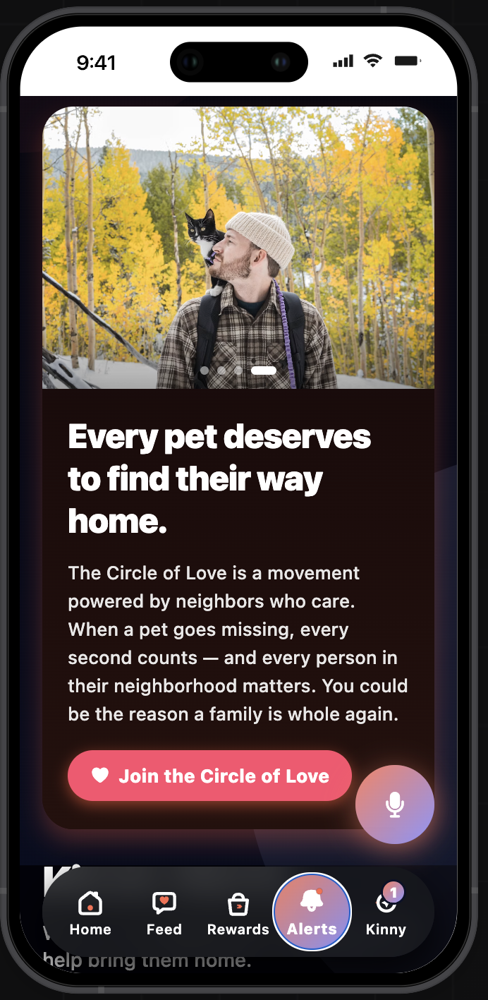 KinsLe lost-pet alert screen showing a pet family outdoors, Circle of Love details, and a join action