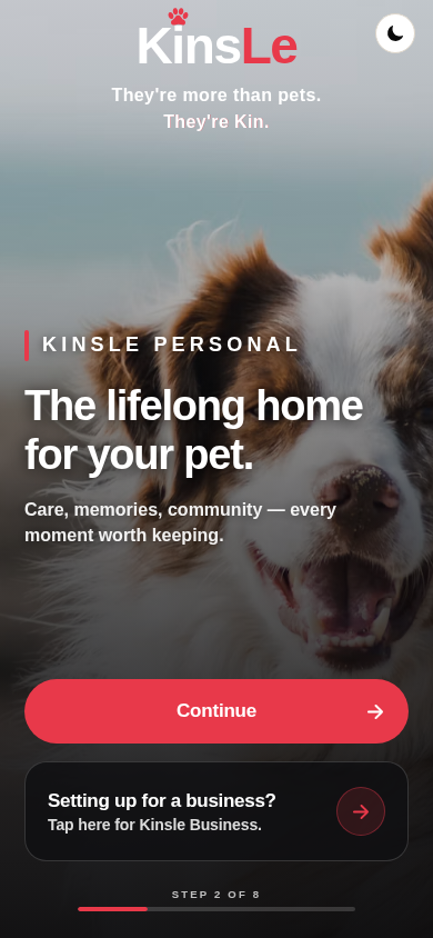 Authentic KinsLe onboarding screen for a Personal pet family