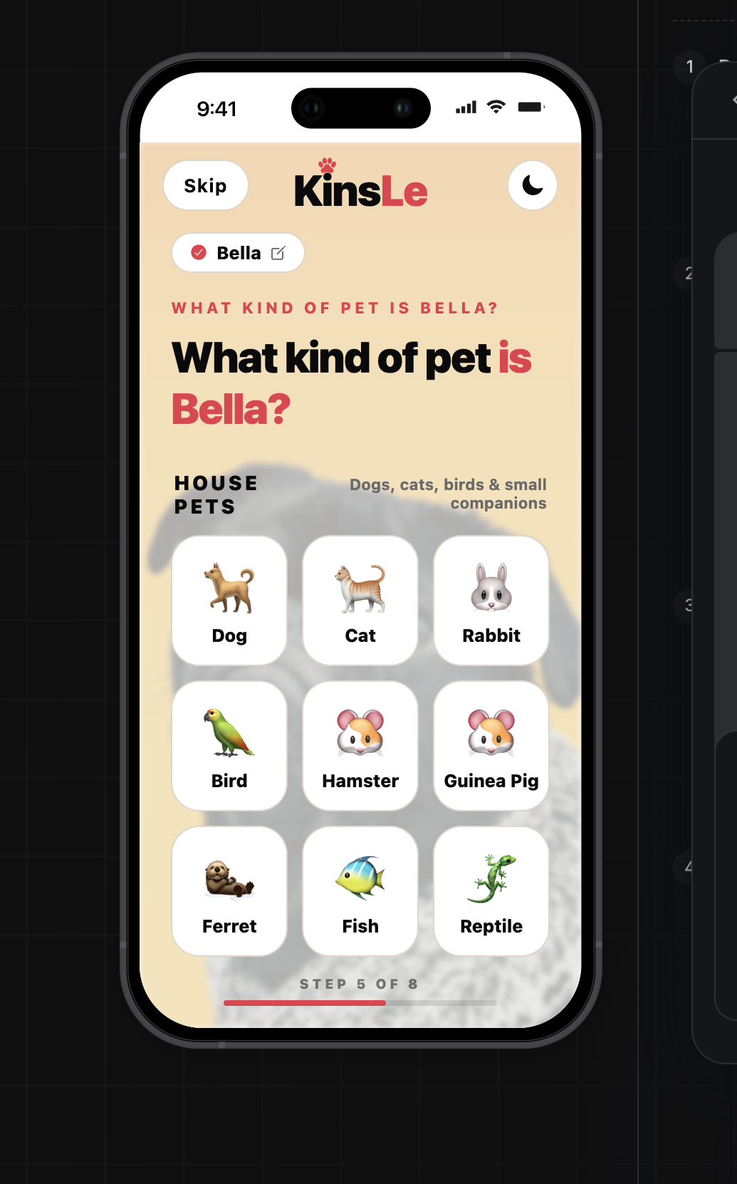 Authentic KinsLe species choices screen with labeled pet categories