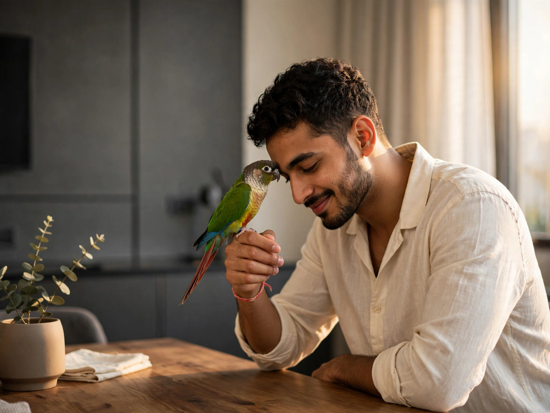 A man in a white shirt leans close to a green-and-blue parrot perched on his hand at a wooden table