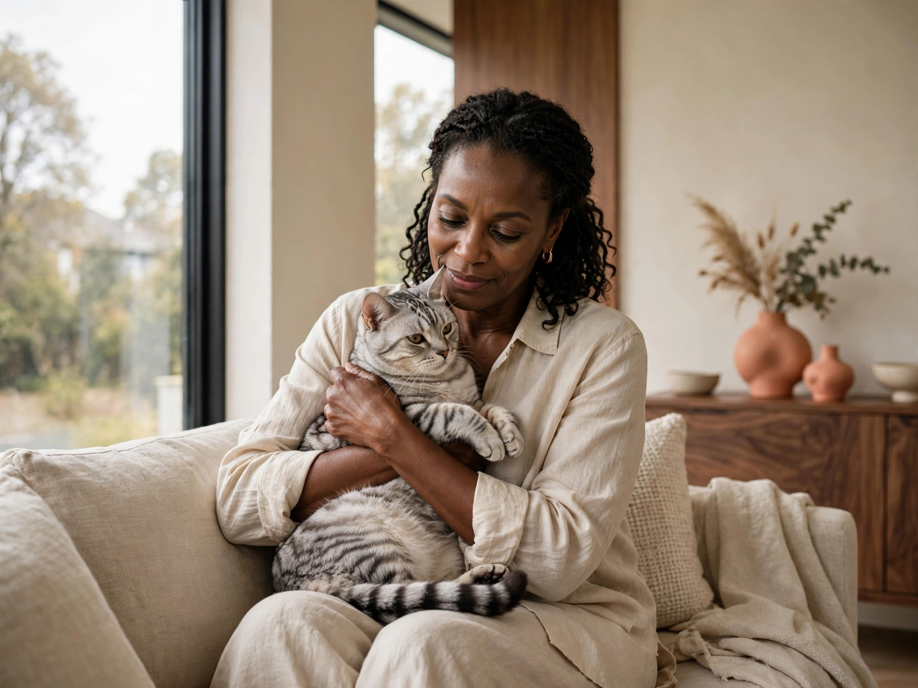 A Black woman in a light shirt cradles a striped cat on a sofa in a warm, sunlit home