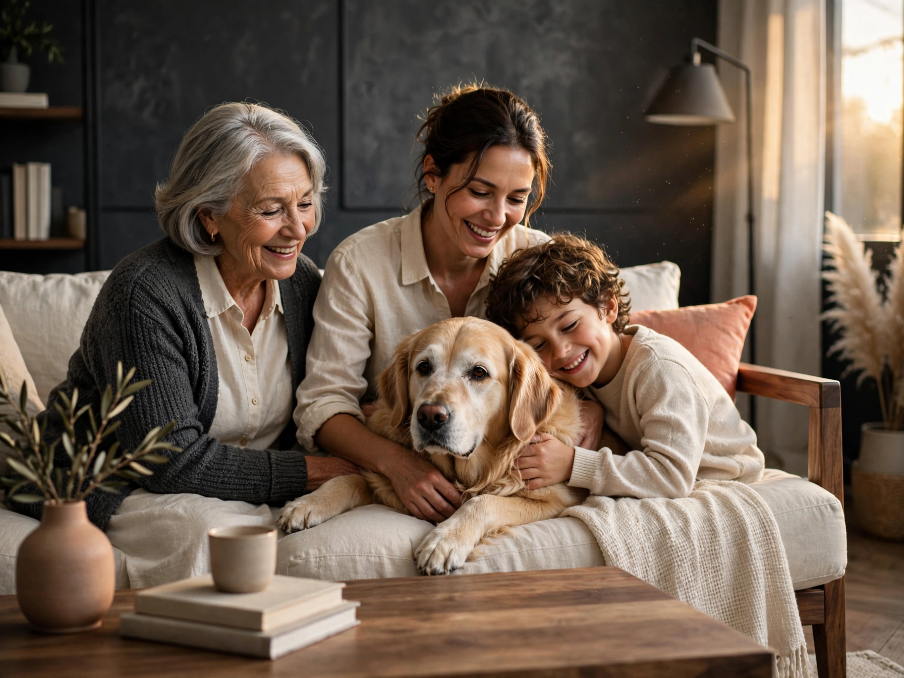 Three generations gather around a golden retriever on a sofa in a warmly lit family room