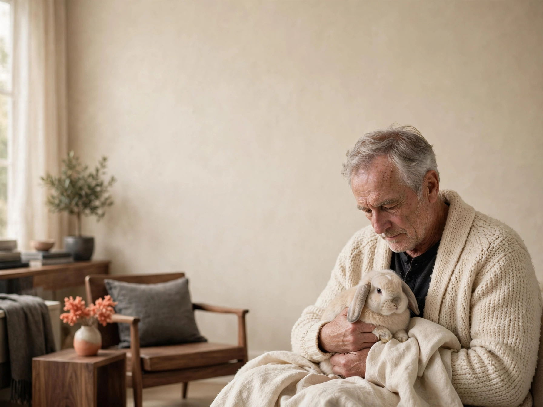 An older man in a cream cardigan holds a lop-eared rabbit in a softly lit living room